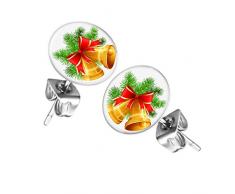 Mianova Ohrringe Stecker Rund Klein Ohrstecker Runde Platte Silber mit Winter Weihnachts Motiv Weihnachtsglocken und Tannenzweig