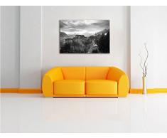 Gigantisches Dorf in China Kohle Zeichnung Effekt, Format: 120x80 auf Leinwand, XXL riesige Bilder fertig gerahmt mit Keilrahmen, Kunstdruck auf Wandbild mit Rahmen, günstiger als Gemälde oder Ölbild, kein Poster oder Plakat