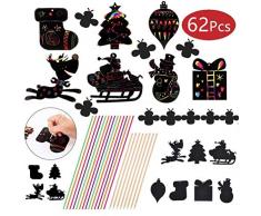 ONECK 62Stk Kinder Kratzbilder Basteln Set Weihnachtsdeko DIY Kinder Kunstdruckpapier für Kinder Basteln Weihnachtsbaumschmuck Weihnachtsanhänger Weihnachten Schmierpapier