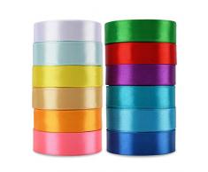 Wtrcsv Satinband 12 Stück (23mm-27mm Breit), 22.8m/Stück, Geschenkband Geschenkbänder Satinbänder Satin Band Bänder Schleifenband Stoffband, 12 Farben (Blau Rot Rosa Lila Dunkelblau Gelb Orange.)