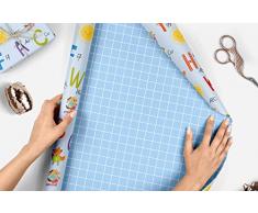 4x Geschenkpapier Einschulung für Jungen/Kinder (doppelseitig, blau) + 4 Aufkleber/Schulheft-Etiketten (Schulanfang, Schule, Schulkind) | (Einzelbögen 42x59cm, DIN A2)