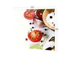 GRAZDesign Küchen Rückwand Weiß Glas-Bild Spritzschutz Herd Druck hinter Glas Bild-Motiv Gewürze und Tomaten / 60x60cm
