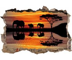 Pixxprint 3D_WD_5301_92x62 Afrika Elefant in Sonnenschein Wanddurchbruch 3D Wandtattoo, Vinyl, schwarz / weiß, 92 x 62 x 0,02 cm