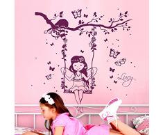 ilka parey wandtattoo-welt® Wandtattoo Elfe Fee auf Schaukel mit Waschbär Schmetterlinge Punkte und Namen M2129 - ausgewählte Farbe: *Flieder* ausgewählte Größe: *M - 80cm breit x 72cm hoch*