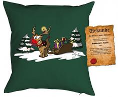 Kissen mit Füllung - Weihnachtsmotiv: Rudolph the rednosed reindeer - Set mit Urkunde - By Gali - Farbe: dunkelgrün - Geschenk - Weihnachten