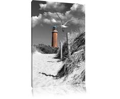 Leuchtturm mit Möwe an Strandweg schwarz/weiß Format: 80x60 auf Leinwand, XXL riesige Bilder fertig gerahmt mit Keilrahmen, Kunstdruck auf Wandbild mit Rahmen, günstiger als Gemälde oder Ölbild, kein Poster oder Plakat