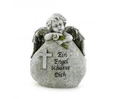 TEMPELWELT Deko Engel Figur Schutzengel Grabengel An Stein 11 x 14 cm Groß, Polystein Steinoptik Grau, Dekoengel Grabschmuck Trauerspruch Engelkind Grabstein