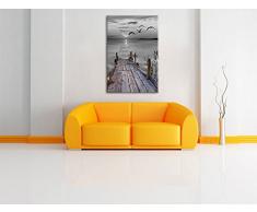 schöner Steg mit Vögeln schwarz/weiß Format: 80x60 auf Leinwand, XXL riesige Bilder fertig gerahmt mit Keilrahmen, Kunstdruck auf Wandbild mit Rahmen, günstiger als Gemälde oder Ölbild, kein Poster oder Plakat