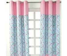 Homescapes Kindervorhang Mädchen Kinderzimmer Ösenvorhang Fensterdekoration Vögeln und Blumen 2 Stücke pink blau 100% reine Baumwolle (B 137 x H 228 cm)