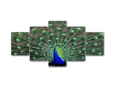 Caro-Art 5-teiliges Wandbild Pfau Leinwand und Keilrahmen. Beste Qualität, handgefertigt in Deutschland! (Gesamt: 80x160cm)