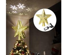 Weihnachtsbaum Stern mit LED Schneeflocke Projektor 3D Hollow Star Weihnachtsbaum Projektor Tannenbaum Spitze Mehrfarben mit LED Schneeflockenprojektor -Gold