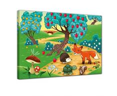 Wandbild - Kinderbild Tiere im Wald - Bild auf Leinwand - 80x60 cm einteilig - Leinwandbilder - Kinder - farbenfrohe Waldidylle mit Tieren