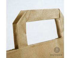 250 x Taschen braun 22+10x28 cm | stabile Papiertragetaschen | Beutel Flachhenkel | Papiertüten klein | Kraftpapiertüten | HUTNER