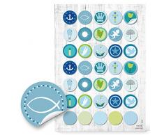 35 Stück runde 3 cm blau türkis grün hellblau maritime KINDER KOMMUNION TAUFE Aufkleber zur Verpackung mit Fische Anker Segelboot Schiff Engel Krone Kreuz Herz zur Deko Fest Geburtstag Jungen