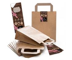 25 braune Papiertüten Geschenk-tüten Weihnachtstüten mit Boden (18 x 8 x 22 cm) kleine Papiertaschen mit Weihnachts-Aufkleber Banderole FROHE WEIHNACHTEN mit Stroh-Schmuck