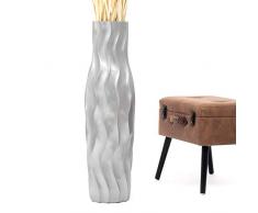Leewadee Große Bodenvase für Dekozweige hohe Standvase Design Holzvase 90 cm, Mangoholz, Silber