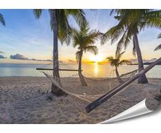 PMP 4life.® XXL Poster Strand Hängematte vor Sonnenuntergang am Meer HD 140cm x 100cm Hochauflösende Wanddekoration Natur Bild für Wandgestaltung Wandbild | Fotoposter Karibik Sonne Sommer Palmen