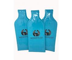 MoFlow & Co Wanderlust Flaschentüte, wiederverwendbar, wasserfest und auslaufsicher, tolles Geschenk für Weinliebhaber und Reisen, 3 Stück blaugrün