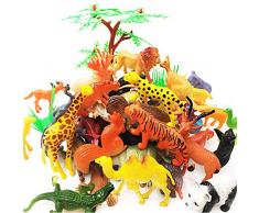65 Stück Tierfiguren Spielzeug Set - Kunststoff Mini Pädagogisches Dschungeltier Spielzeug für Jungen Mädchen Bauernhof Kleintiere. Enthält 44 Mini-Tierfiguren, 16 Zäune, 4 Gras- und 1 Baumfiguren.
