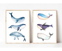 Din A4 Kunstdruck ungerahmt 2-teilig - Wal Blauwal Orca Pottwal Meerestier Ozean Maritim Aquarell, blau Deko, Badezimmer Geschenk Druck Poster Bild