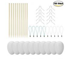 Willingood 100 Deko-Eier Ostern [6 cm, Kunststoff] + 100 Aufhänger für Ostereier + 10 Schaschlik-Spieße fürs Marmorierenzum oder malen, Osterdekoration