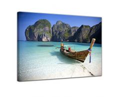 Wandbild - Maya Bay, KOH Phi Phi Ley - Thailand - Bild auf Leinwand - 50 x 40 cm - Leinwandbilder - Bilder als Leinwanddruck - Urlaub, Sonne & Meer - Asien - Boot am Strand