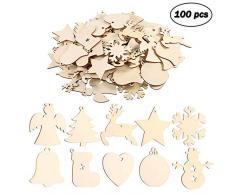 EKKONG 100 Stück Holz Christbaumschmuck, Weihnachtsbaum Deko,Weihnachtsanhänger,Weihnachtsbaumschmuck,Weihnachtsanhänger Deko, Christbaumschmuck Handwerkliche Verzierungen für Weihnachten