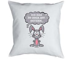 Geschenk Ostern Kissen mit Innenkissen für das Osternest lustiges Motiv OSTERHASE CARTOON 40 x 40 cm in weiß : )