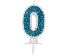 Rayher 31608000 Zahlenkerze 0, blau/glitter,mit Halter, Kuchendekoration für Geburtstage
