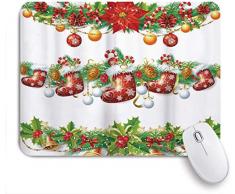 Dekoratives Gaming-Mauspad,Traditionelle Weihnachtsgirlande Designs mit Blumen Socken und Glocken Mistel Bonbon,Bürocomputer-Mausmatte mit rutschfester Gummibasis