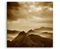 60x60cm Wandbild Fotoleinwand Bild in Sepia Sonnenaufgang Landschaft Berge China