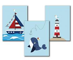Poster maritim Kinderzimmer | A4 Kinderbilder Kinderzimmer Wal | 3er Set | Kunstdruck Kinderzimmer | ohne Bilderrahmen