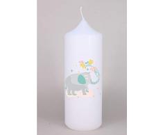 Kerzenhelden Taufkerze mit Namen und Datum Motiv Elefant mit Blumen Geschenk Taufe Altarkerze Weiß