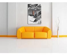 Leuchtturm mit Möwe an Strandweg schwarz/weiß Format: 100x70 auf Leinwand, XXL riesige Bilder fertig gerahmt mit Keilrahmen, Kunstdruck auf Wandbild mit Rahmen, günstiger als Gemälde oder Ölbild, kein Poster oder Plakat