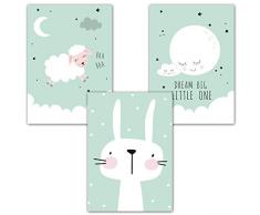 Frechdax® 3er Set Poster Kinderzimmer Deko - Bilder Babyzimmer DIN A4 - Wandbilder Mädchen Junge - Kinderposter (3er SetMint, Mond, Hase)