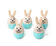 5 kleine türkis blau weiß gepunktete Osterhasen Holz Hasen Osteranhänger für den Osterstrauch 6 cm - Süße Osterdeko Anhänger als give-away Mitgebsel Mitbringsel oder Geschenkanhänger