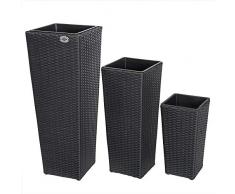 Deuba Blumentopf aus handgewobenem Polyrattangeflecht Übertopf mit Wasserabfluss Pflanzkübel 3er Set Blumenkasten Schwarz