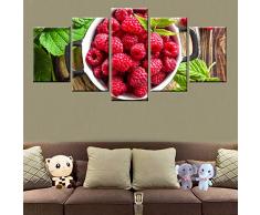 KDSFHLL 5 Dekorative Gemälde Wand Kunstdruck Leinwand Malerei 5 Stücke Köstliche Obst Himbeer Bild Dekoration Poster Restaurant Küche Kunst