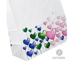 100 x Papiertüten weiss, Motiv: Herzen 26+12x35 cm | stabile Papiertaschen | Papiertragetaschen Flachhenkel | Kraftpapiertüten Mittel |Taschen |HUTNER
