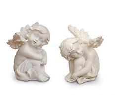TEMPELWELT 2X Deko Engel Figur Sitzend Schlafend im Set je 8 cm, Polystein Altweiß, Engelfigur Schutzengel Engelkind Dekoengel Engelchen Träumend