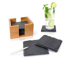 Amazy Schiefer Untersetzer Set (8 Stück) inkl. Kreidestift – Dekorative Glasuntersetzer aus 100% Natur Schieferplatten mit praktischem Halter aus edlem Bambus – Tolle Geschenkidee (eckig | 10x10 cm)