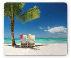 Seaside Mouse Pad Entspannende Szene am abgelegenen Strand mit Palmenstühlen und Booten Panoramabild Rechteck rutschfestes Gummi-Mauspad Standardgröße Grün Blau