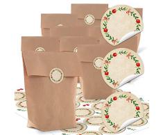 24 kleine braune Papiertüten natur Kraftpapier 16,5 x 26 x 6,6 cm + 24 runde Aufkleber 4 cm Advent Kranz rot grün weihnachtliche Geschenk-Verpackung zum Befüllen blanko bio