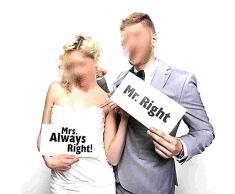 Fototapete Requisiten, Packung mit zwei, Mr Right Mrs Always Right Foto Teleskopstütze für Karten, perfekt für Fotoshootings, Hochzeiten, etc