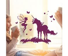 ilka parey wandtattoo-welt® Fensterbild Wandtattoo Einhorn mit Fee Elfe und Schmetterlingen Fensteraufkleber Fenstersticker Fenstertattoo Wandbild Wandaufkleber Wandsticker Aufkleber Sticker M2097 - ausgewählte Farbe: *lila*