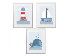 3er Set Kinderzimmer Babyzimmer Poster Bilder Maritim DIN A4 | Junge Mädchen Deko | Dekoration Wal Kinderzimmer | Wandbilder Wal Segelboot Leuchtturm