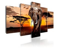 decomonkey Bilder Afrika Tiere 200x100 cm 5 Teilig Leinwandbilder Bild auf Leinwand Wandbild Kunstdruck Wanddeko Wand Wohnzimmer Wanddekoration Deko Elefant Landschaft Sonnenuntergang
