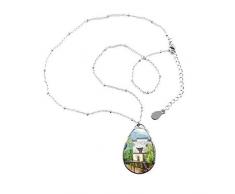 DIYthinker Chinesische Ölgemälde Traditionelle Architektur Gebäude Mädchen Baum Fluss China Illustration Muster Teardrop-Form-Anhänger Halskette Schmuck mit Kette Dekoration Geschenk