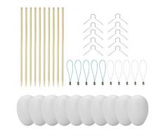 Willingood 25 Deko-Eier Ostern [6 cm, Kunststoff] + 25 Aufhänger für Kunststoffeier Ostereier Weiss+ 10 Schaschlik-Spieße fürs Marmorieren malen, Osterdekoration