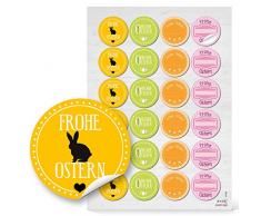 Set 48 Stück gelb grün rosa pink orange Osteraufkleber FROHE OSTERN Sticker mit Osterhase selbstklebende Etiketten als Osterdeko zum Aufkleben auf Ostergeschenke Mitgebsel Verpackung give-away